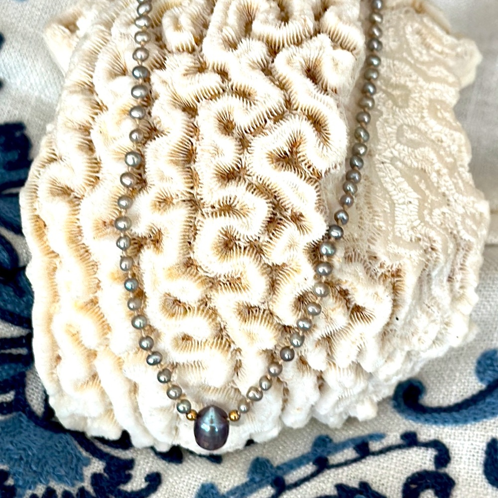 Pearl necklace tiny fresh water blue grey with baroque teardrop centerpiece 14k